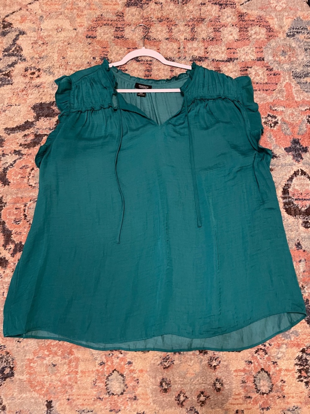 Jones New York Teal Ruffle-Trim Tie Neck Blouse